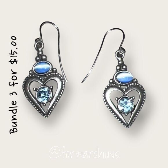 Bundle 3 for $15 Dangle Silver Tone and Heart Earrings with Blue Accent - Picture 1 of 7